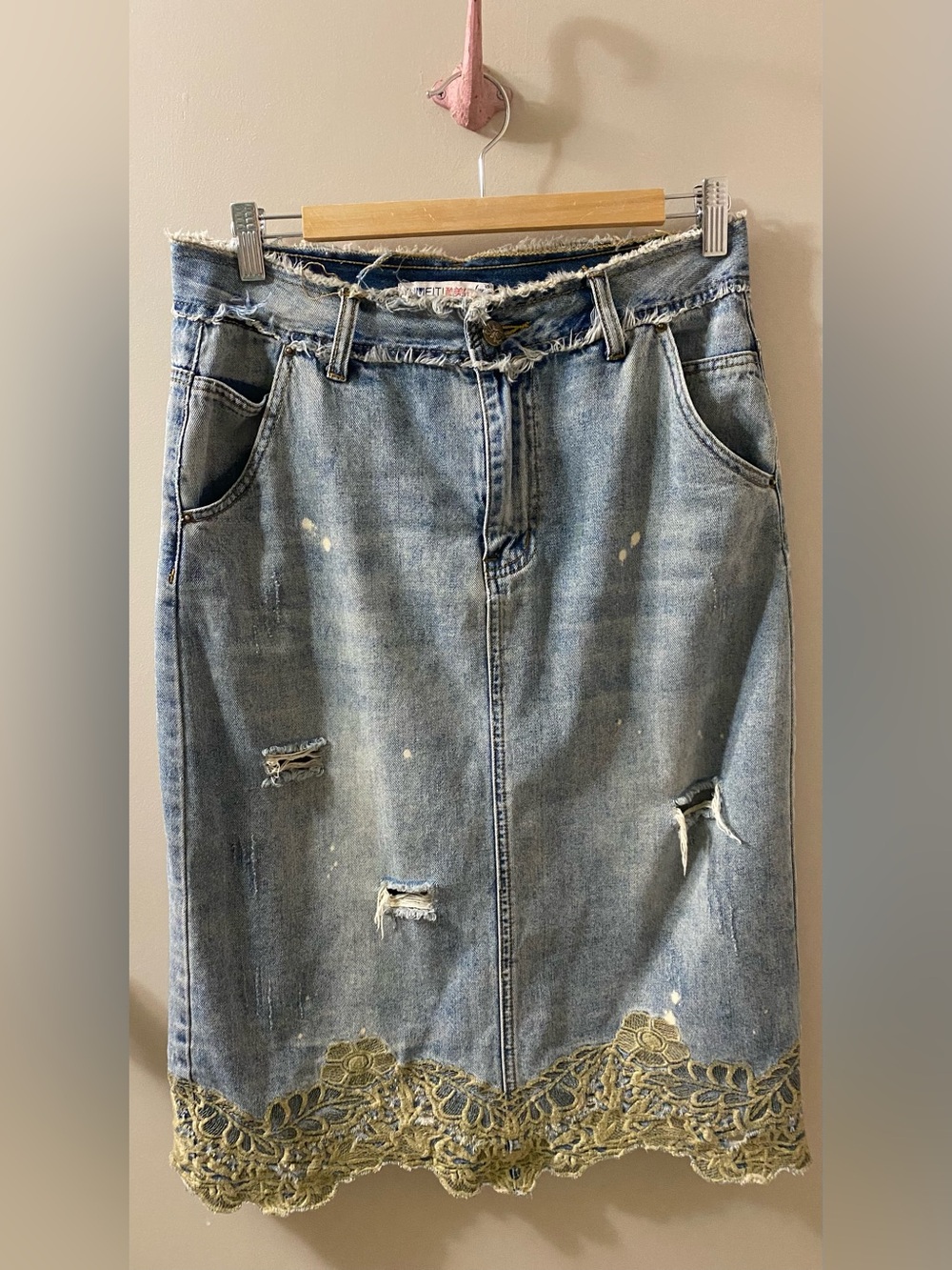 Japanese Distressed Denim Midi Skirt with Lace Trim